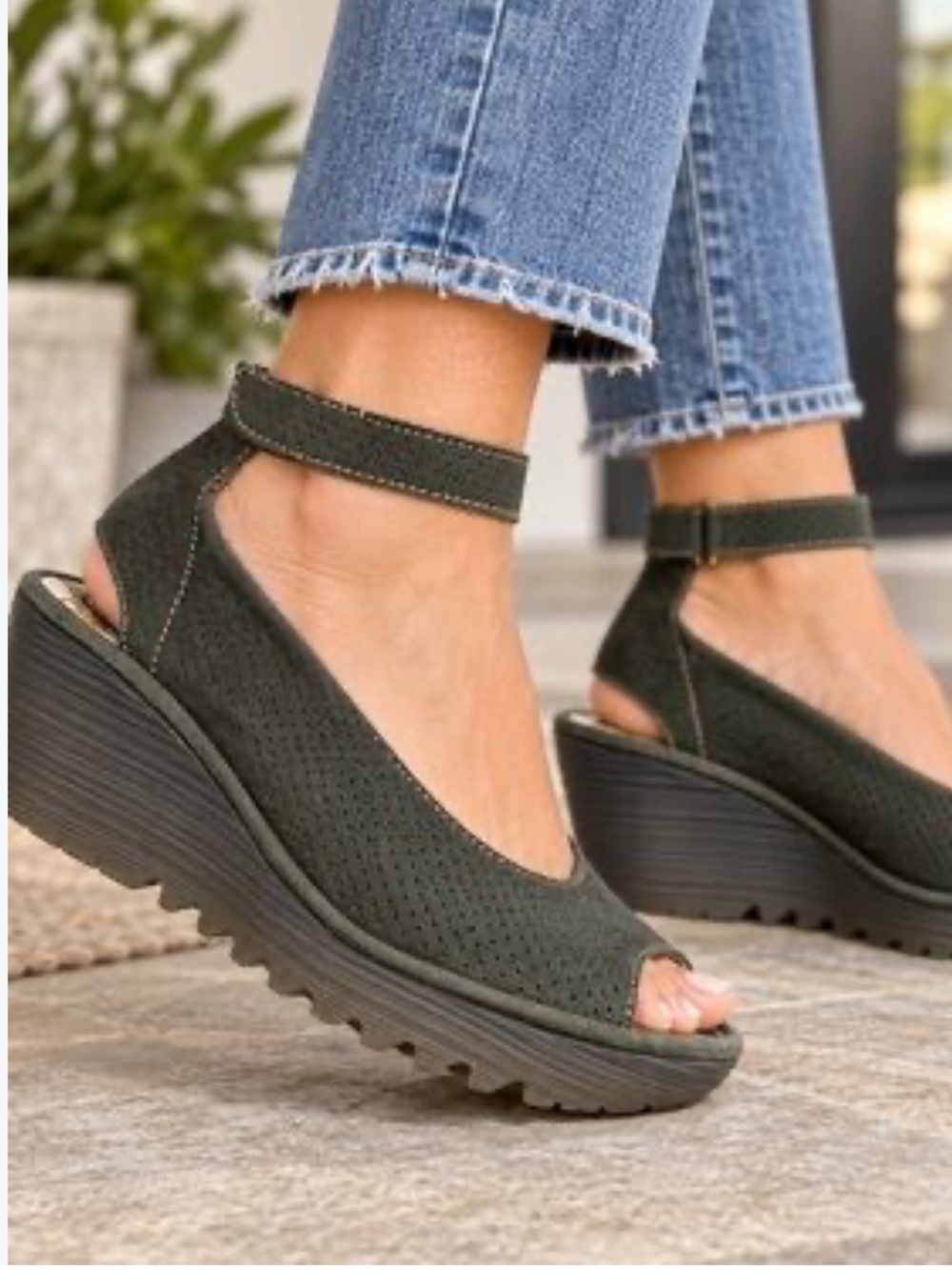 Fly London Yala Perf Perforated Suede Wedge Sandals Size 37
